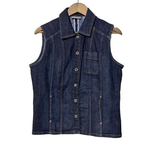 Chico’s Platinum Vest Sleeveless Dark Wash Denim Button Snap Size Medium - Picture 1 of 10